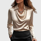 Women's Blouse with Pleated Neckline and Chest Pocket - Gold