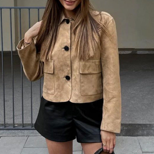 Women’s Suede-Effect Cropped Jacket with Front Pockets