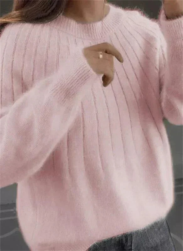 Women's Winter Knit Sweater with Simple Design - Light Pink