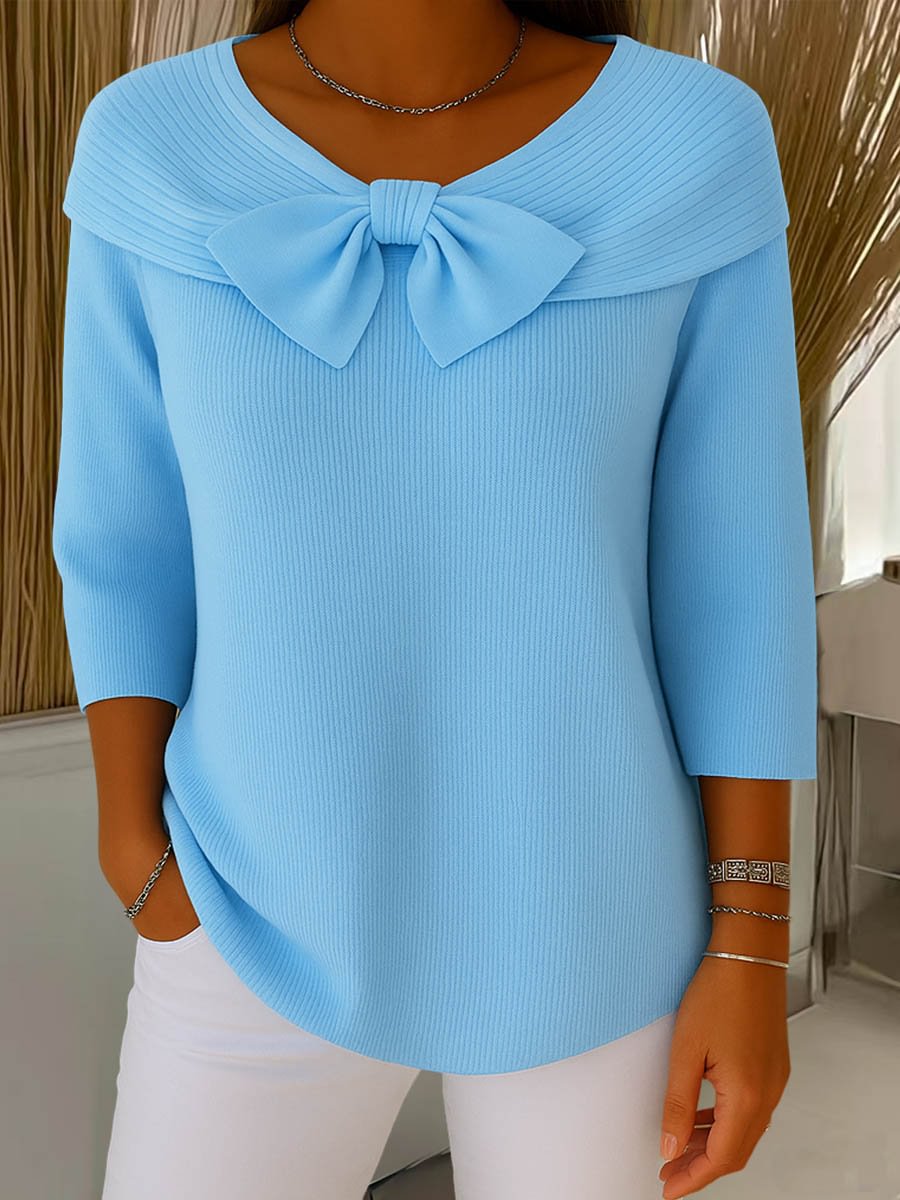 Women's Ribbed Knit Polo Top with Bow
