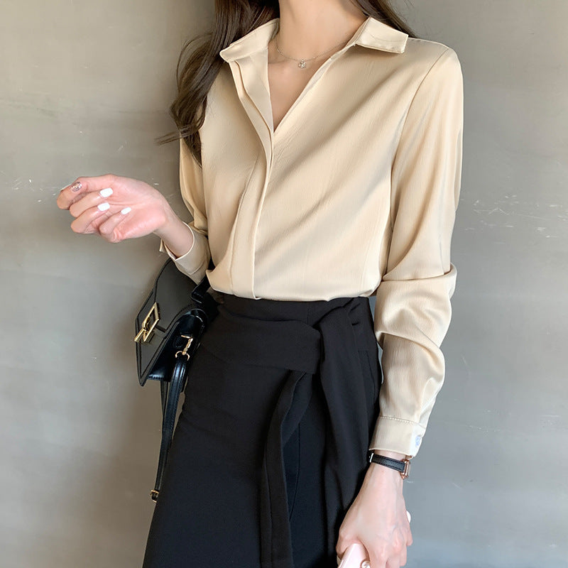 Blusa de oficina de manga larga con cuello en V para mujer