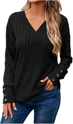 Women's Cozy Autumn Winter V Neck Button Down Long Sleeve Tee