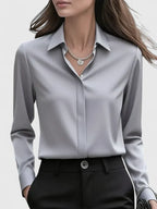 Women's Long-Sleeve Top with Concealed Button Placket and Rounded Hem - Gray
