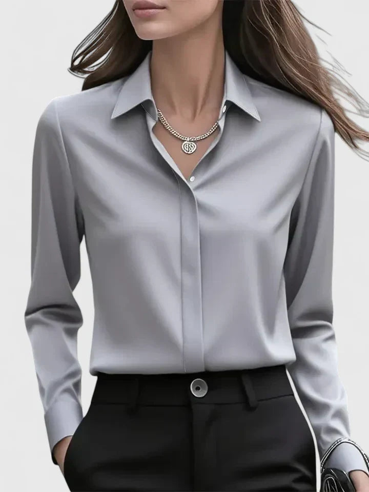 Women's Long-Sleeve Top with Concealed Button Placket and Rounded Hem - Gray