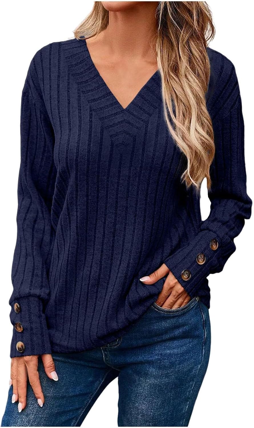 Women's Cozy Autumn Winter V Neck Button Down Long Sleeve Tee