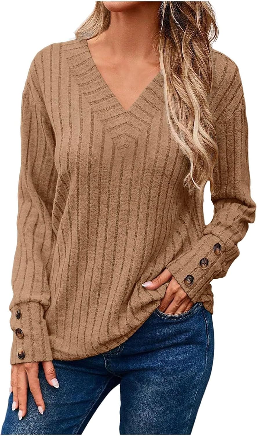 Women's Cozy Autumn Winter V Neck Button Down Long Sleeve Tee