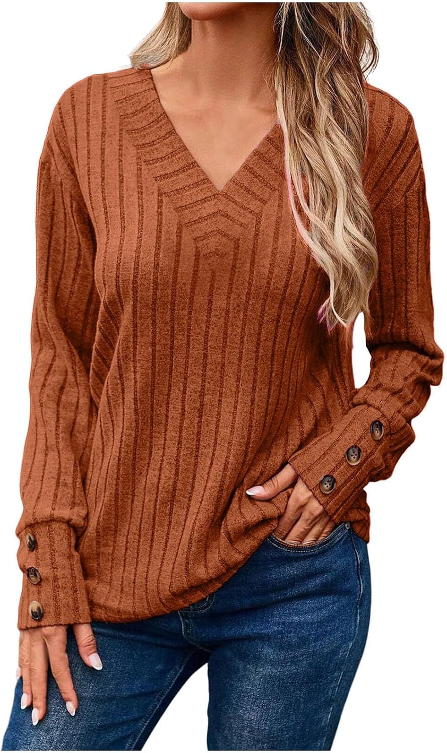 Women's Cozy Autumn Winter V Neck Button Down Long Sleeve Tee