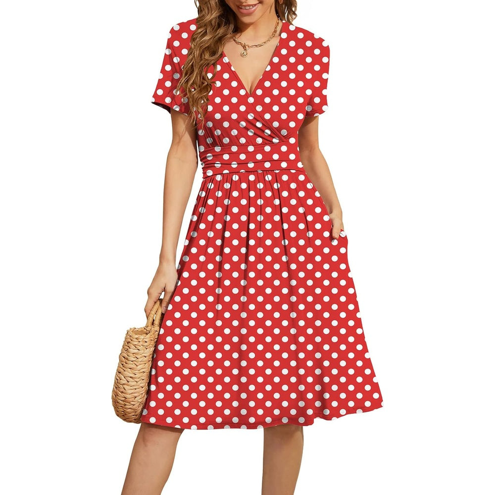 Floral V-Neck Summer Dress - A1 White Dot Red