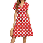 Floral V-Neck Summer Dress - A1 White Dot Red