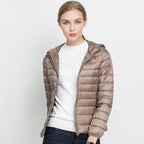 Warm Down Jacket, Women's Short Hooded Super Lightweight - Perfect for Cold Winter Days - Khaki