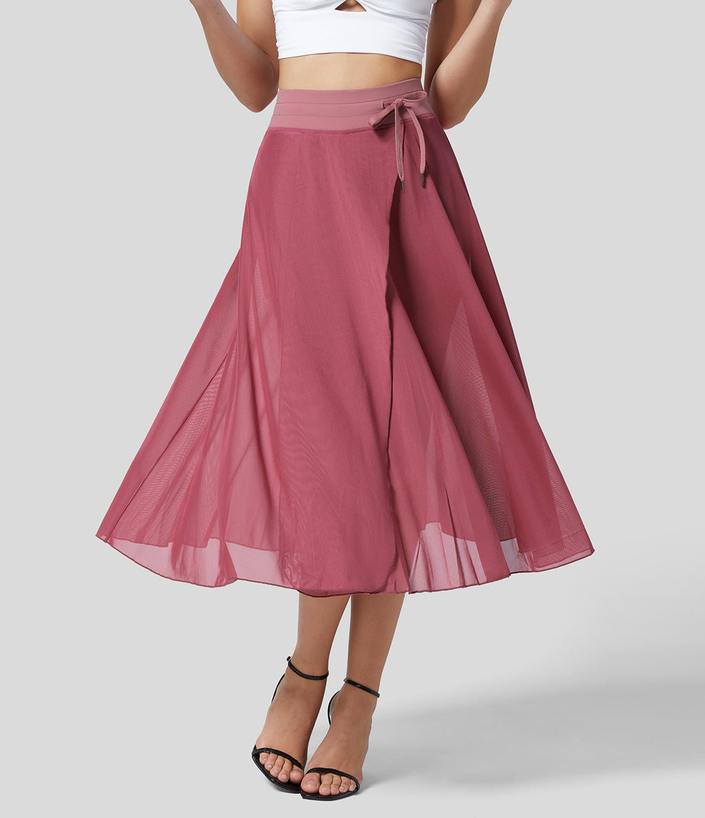 Livan - High-Waisted 2-in-1 Flowing Summer Midi Skirt - Pink
