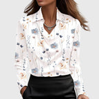 Women's Blouse with Pleated Neckline and Chest Pocket - White Floral