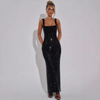Women's Autumn Sequin Dress – Double-Strap with Mesh Detailing - Black