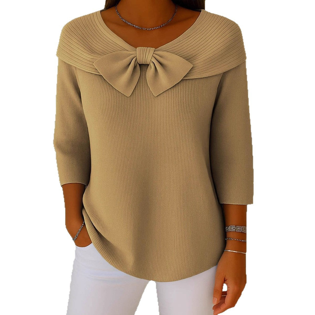 Women's Ribbed Knit Polo Top with Bow