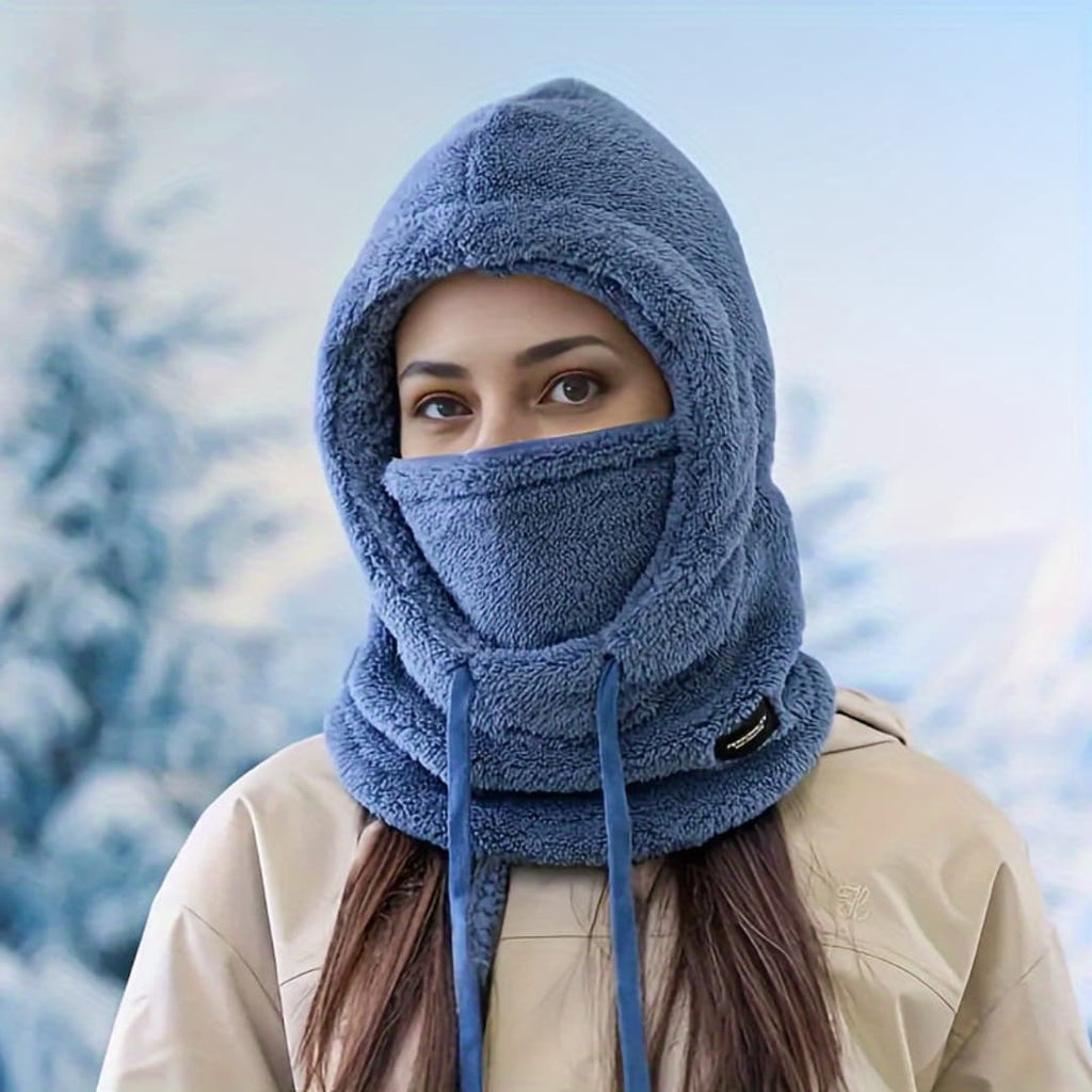 Winter Fleece-Lined Hooded Scarf for Women, Windproof and Ear Protection