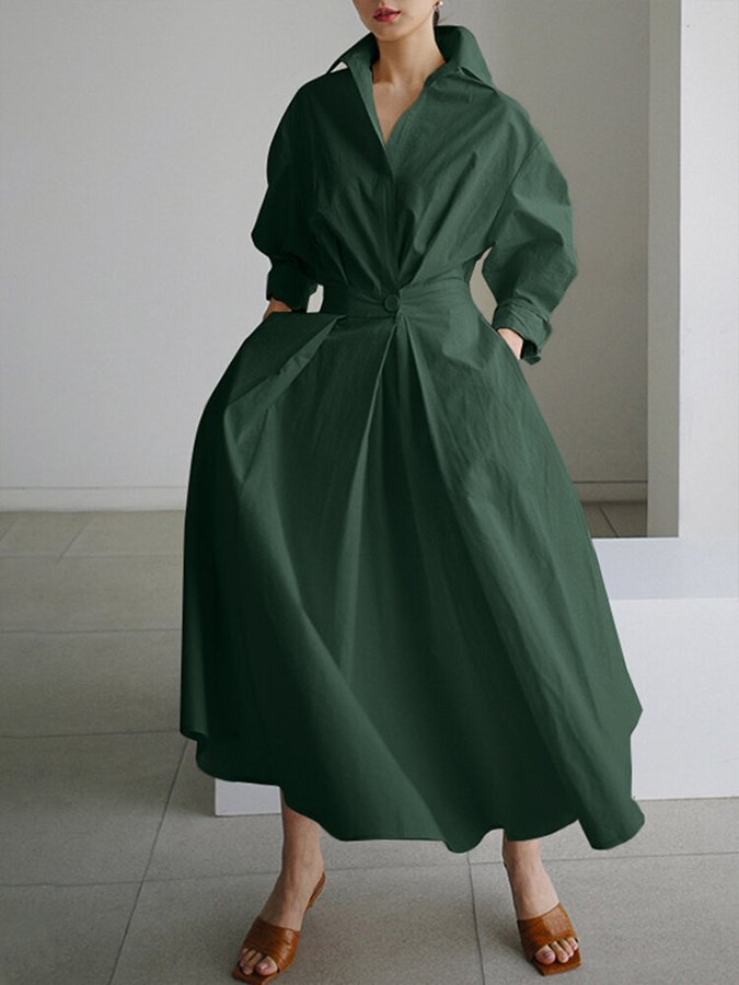 Women's Elegant Collared Belted Shirt Dress