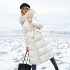 Fatiha - Elegant Long Women's Winter Fur-Trim Coat for the Winter Months - White with Beige Collar