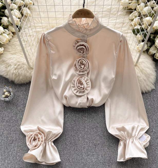 Lightweight Autumn Long-Sleeve Shirt with Floral Print - Apricot
