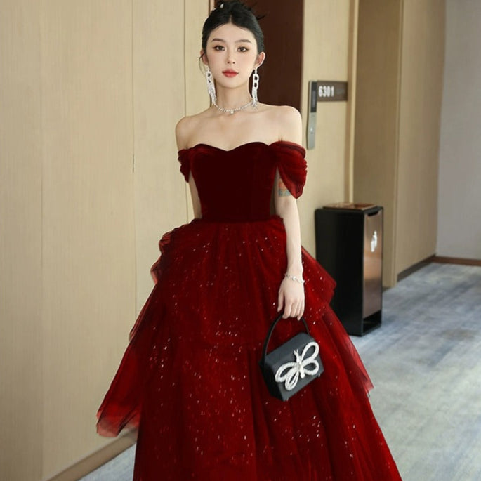 Long Autumn Evening Dress with Princess Sleeves and Petticoat | Perfect for Cool Evenings - Wine Red