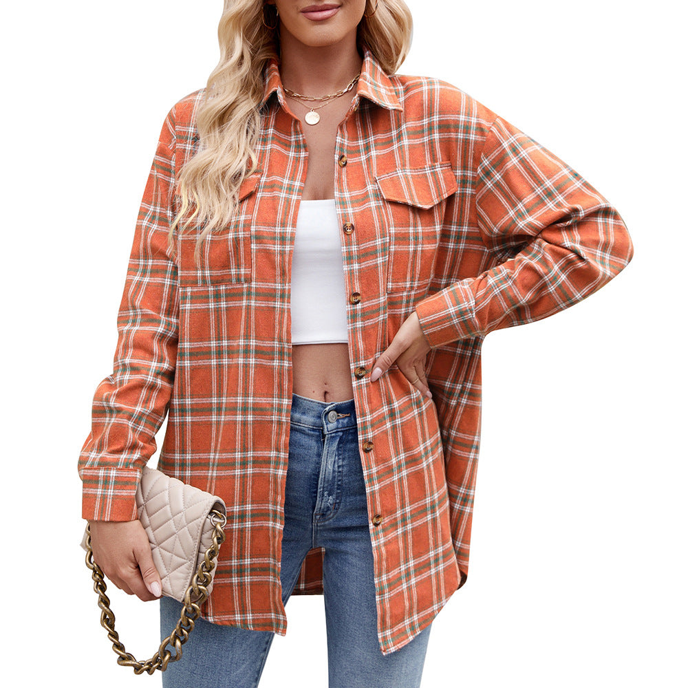 Relaxed-Fit Plaid Shirt with Pockets for Autumn - Orange