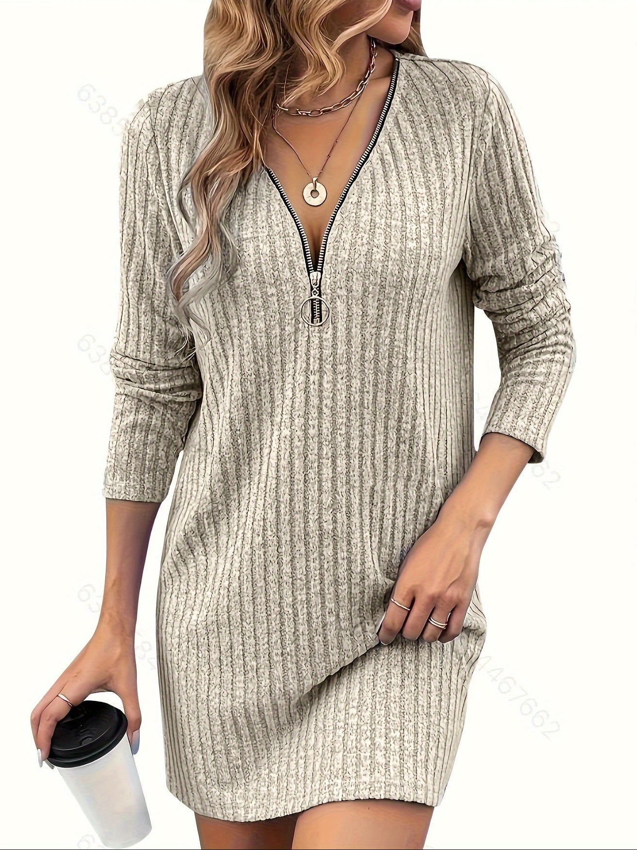Solid Color Ribbed Dress Long Sleeve Bodycon Sweater Dress