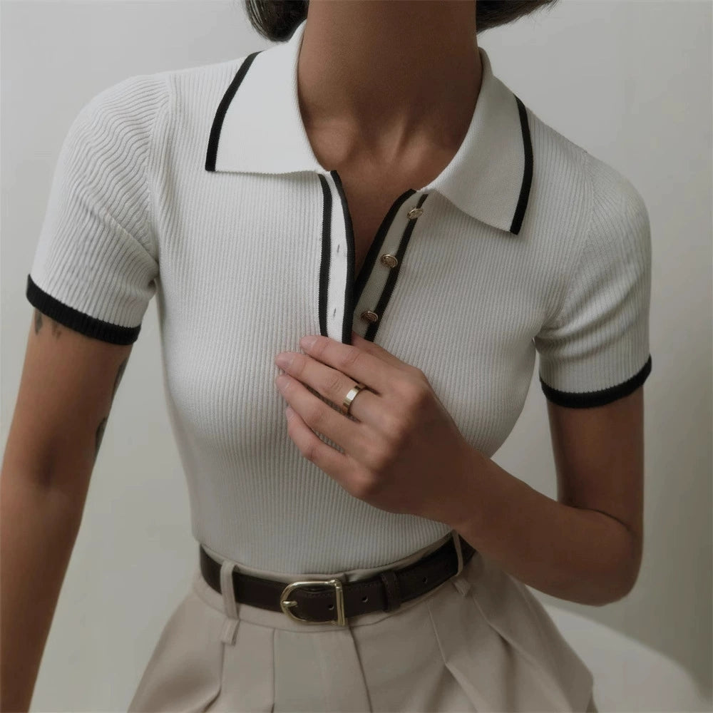 Women’s Elegant Knit Polo Top with Classic Collar
