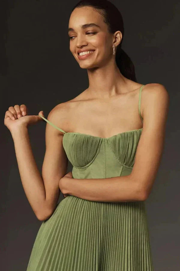 Women's Elegant Pleated Fit Strappy Midi Dress