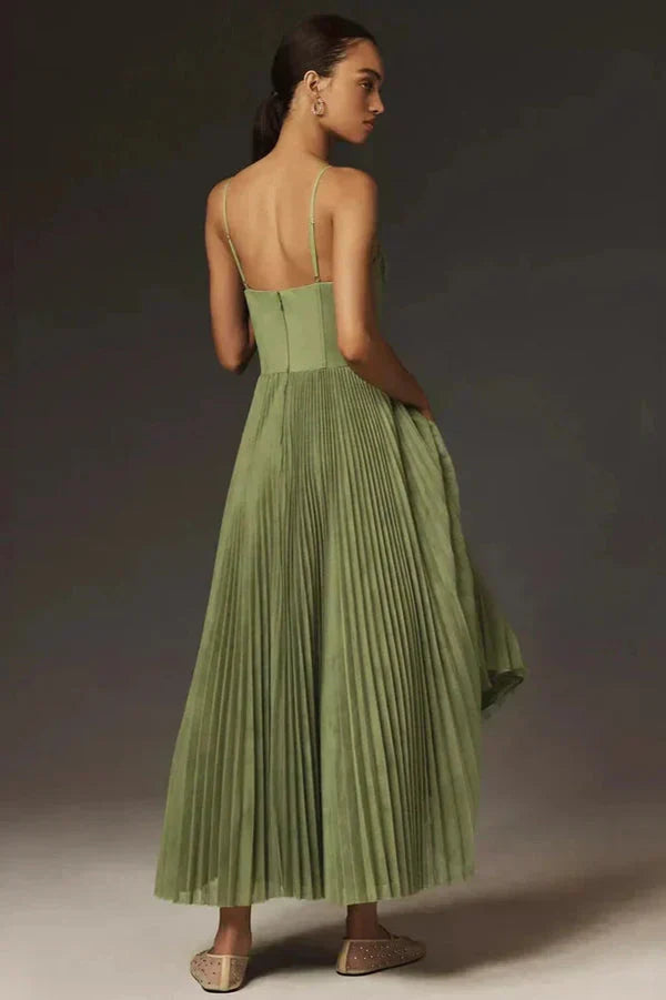 Women's Elegant Pleated Fit Strappy Midi Dress