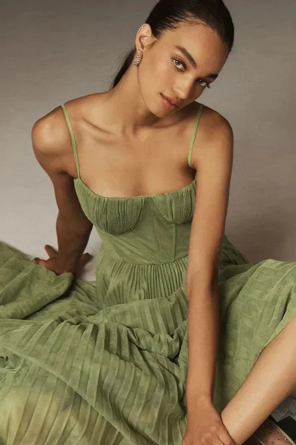 Women's Elegant Pleated Fit Strappy Midi Dress