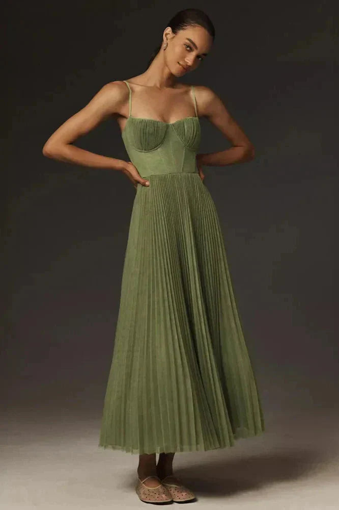 Women's Elegant Pleated Fit Strappy Midi Dress