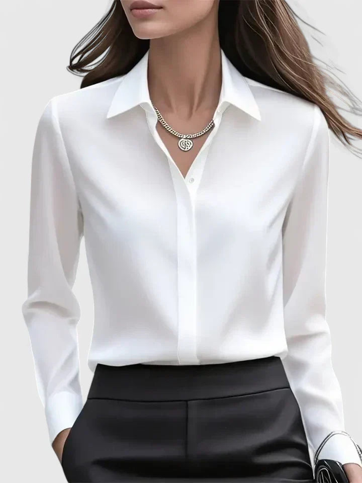 Women's Long-Sleeve Top with Concealed Button Placket and Rounded Hem - White