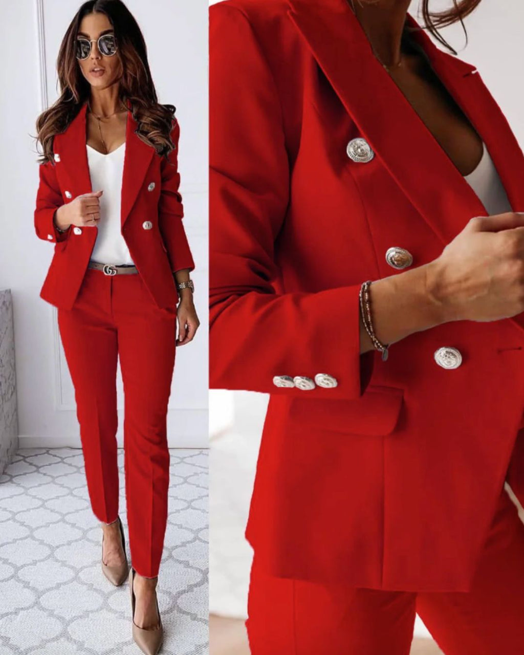 Women's Two-Piece Autumn Suit with Double-Breasted Blazer and Straight-Cut Trousers - Red