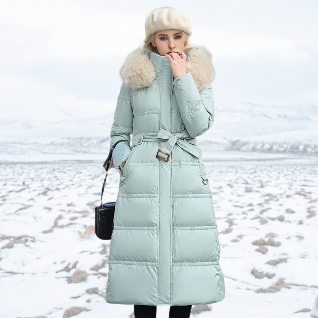 Fatiha - Elegant Long Women's Winter Fur-Trim Coat for the Winter Months - Light Blue with Beige Collar