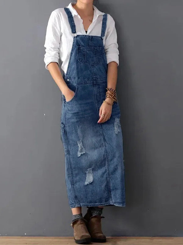 Denim Overall Dress with Slit Back | Perfect for Summer - Navy