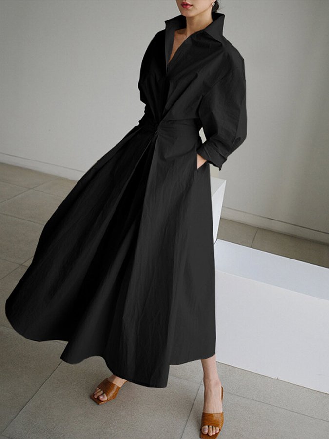 Women's Elegant Collared Belted Shirt Dress
