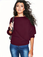 Women's Autumn Knit Sweater with Batwing Sleeves and Relaxed Fit - Burgundy Red