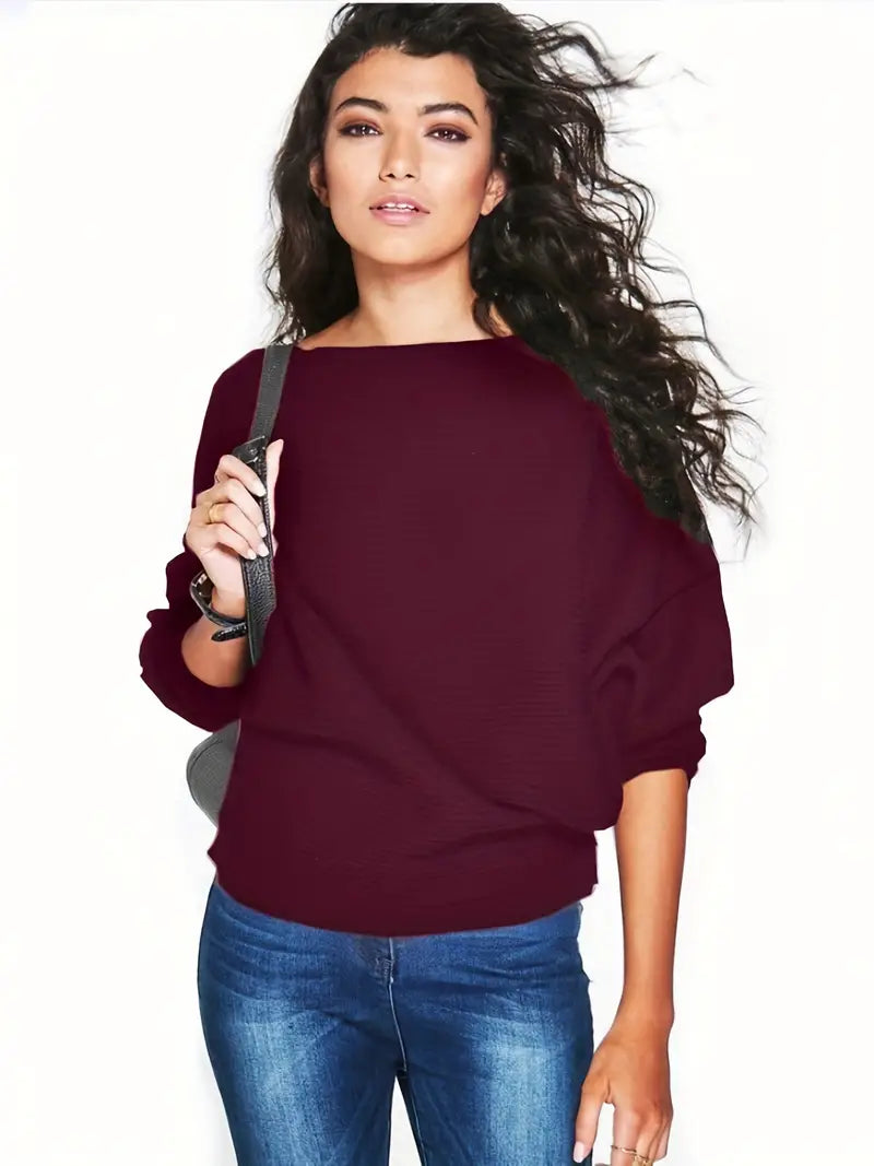 Women's Autumn Knit Sweater with Batwing Sleeves and Relaxed Fit - Burgundy Red