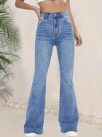 Women's High-Waisted Flared Denim Jeans – Slim Fit Blue Bootcut Pants