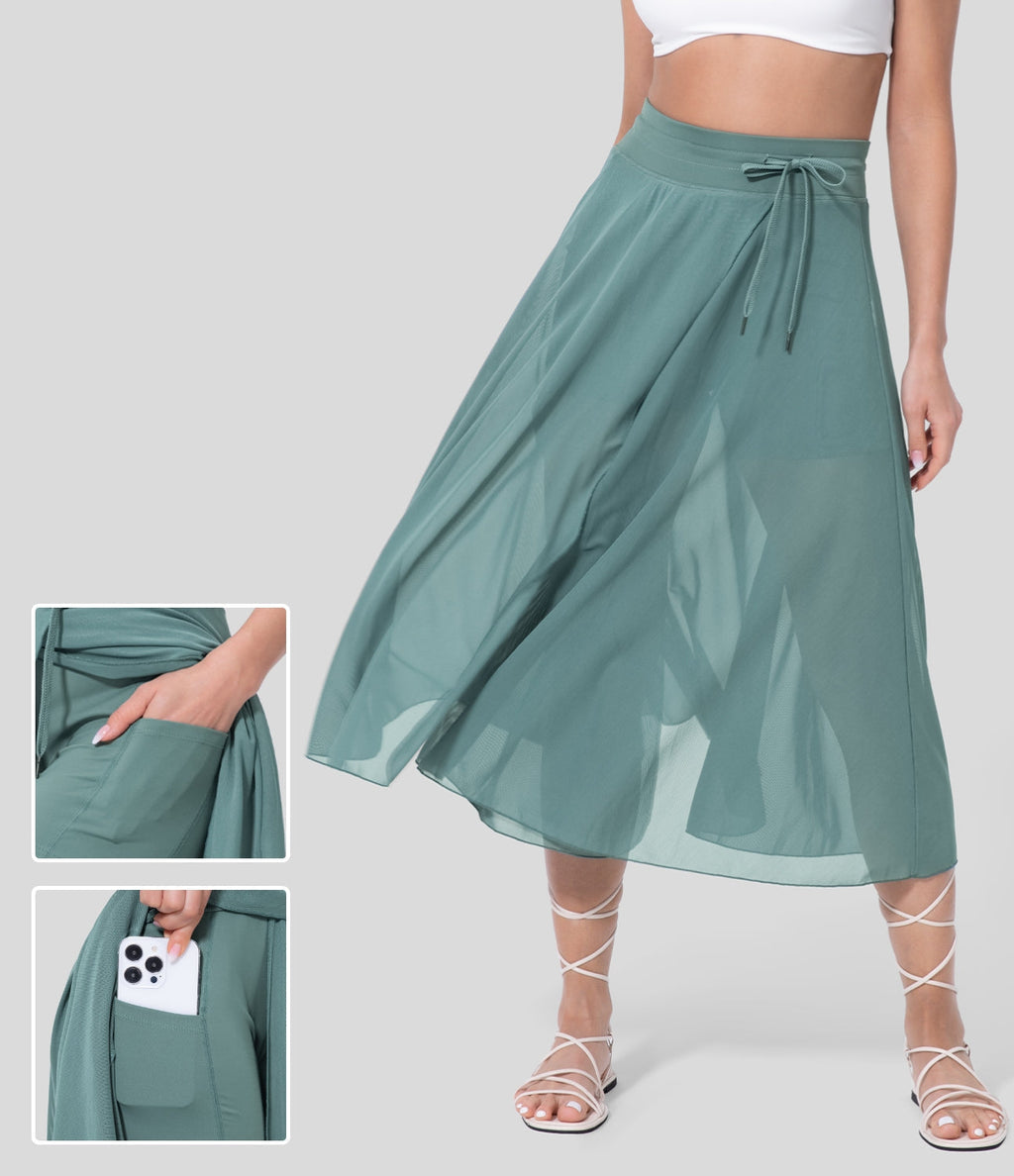 Livan - High-Waisted 2-in-1 Flowing Summer Midi Skirt - Turquoise