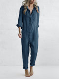 Women's Long-Sleeve Cotton Jumpsuit with Button Placket and Pockets - Perfect for Autumn - Blue