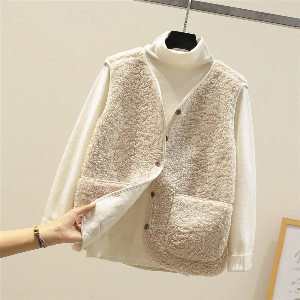 Women's Fleece Vest, Warm, Durable, with Zip Pockets – Outdoor and Leisure Wear - Beige