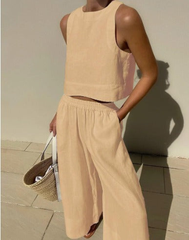 Two-Piece Sleeveless Set with Pants | Perfect for Summer - Khaki