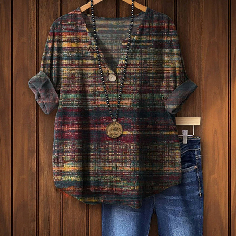 Women's Summer Blouse with Print and V-Neck - Multicolor