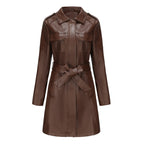 Elegant long leather Women's coat with belt and lapels