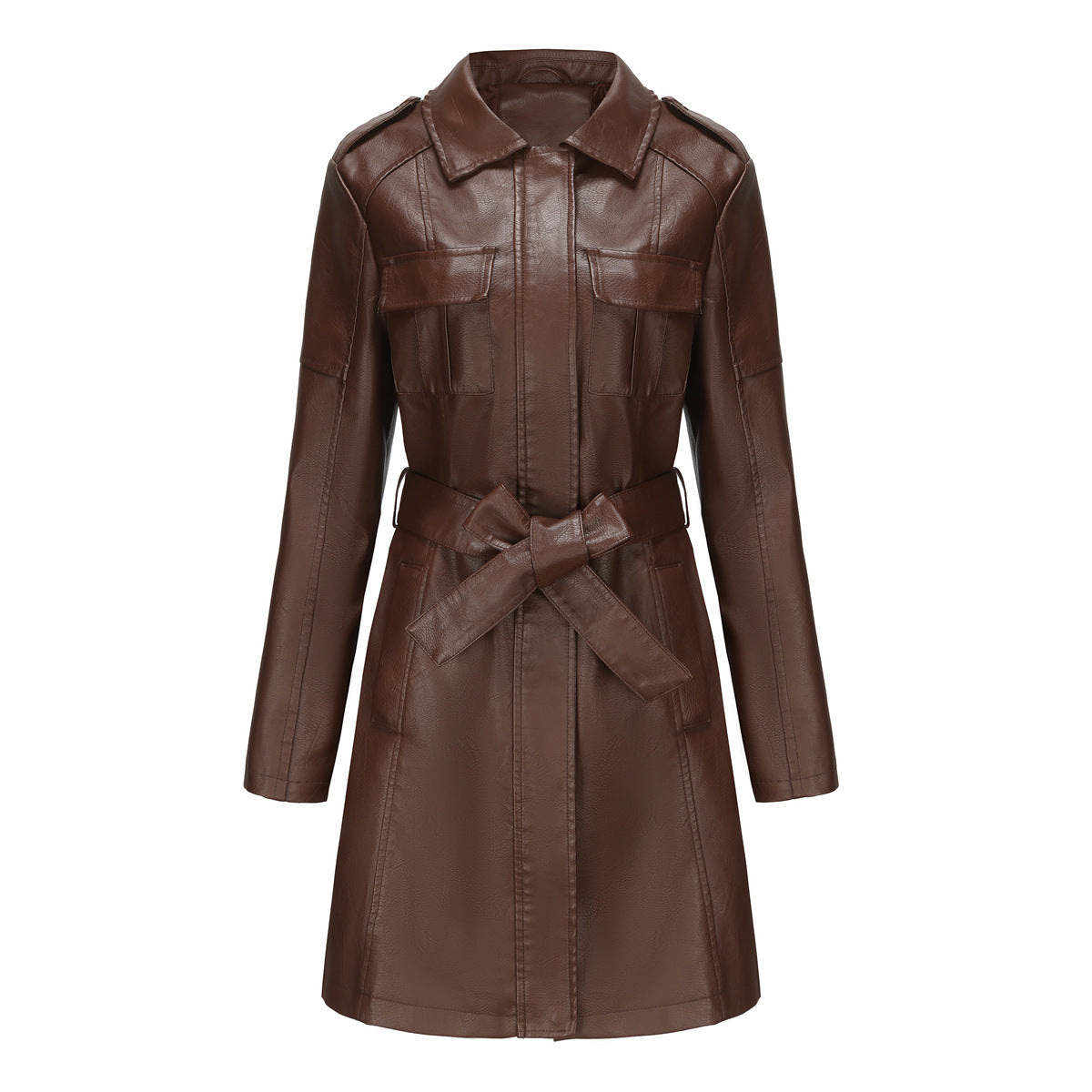 Elegant long leather Women's coat with belt and lapels