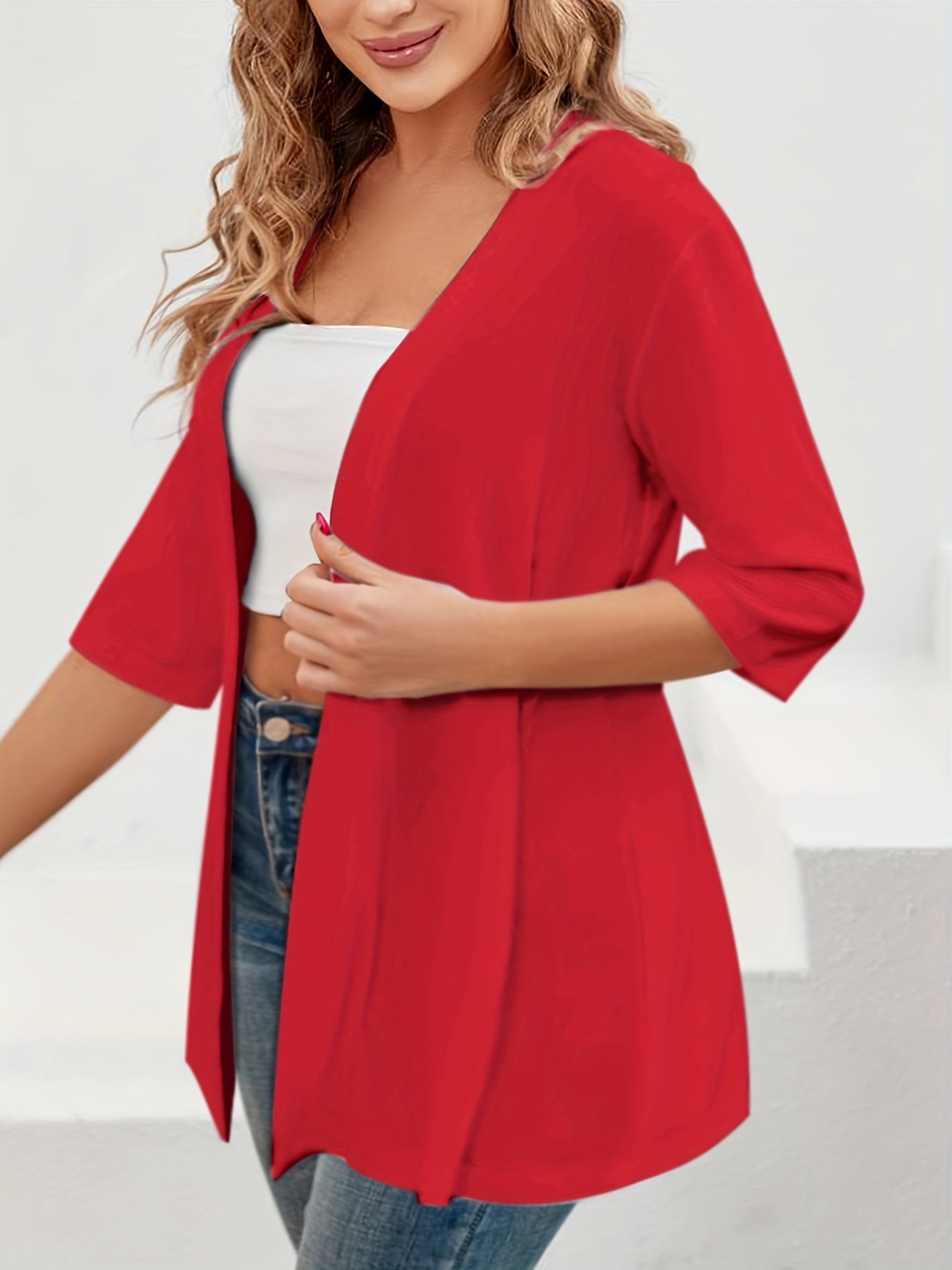 Elegant Plus Size Women's Open Front Cardigan | Stretch Half Sleeve Knit Cover Up