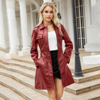 Elegant long leather Women's coat with belt and lapels