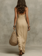 Baumwoll-Leinen Maxikleid mit Neckholder, legere Urlaubskleidung