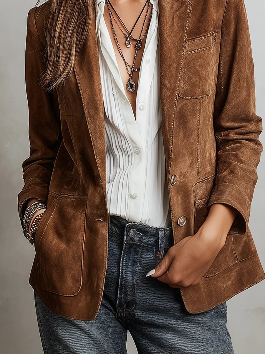 Women Sophisticated Faux Suede Single-Breasted Blazer