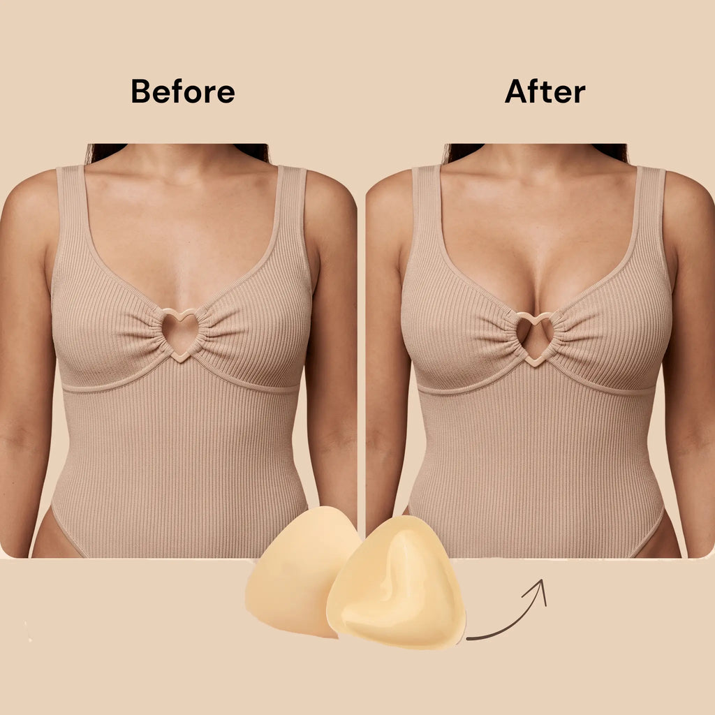 Before and after comparison of a beige bodysuit with a heart-shaped cutout on a beige background.
